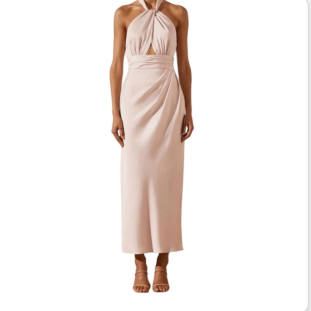 SHONA JOY | Porcelain Satin Gathered Halter Cutout Midi Dress US 6